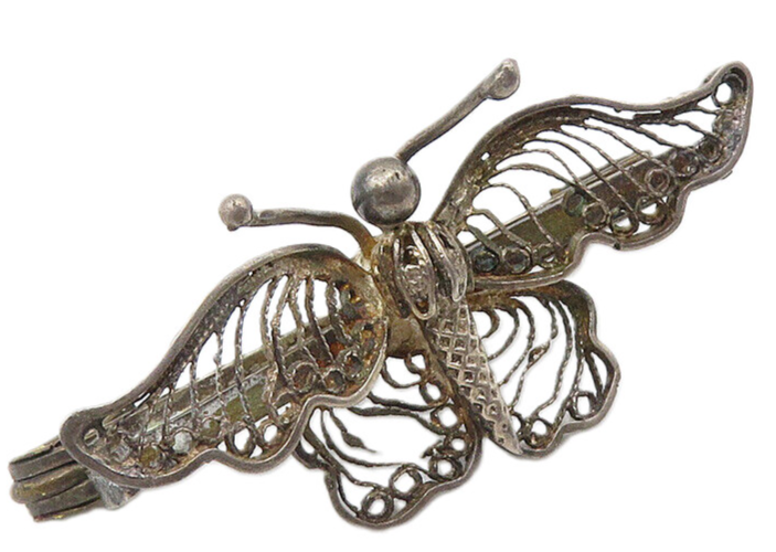 925 Sterling Silver  Vintage Dark Tone Filigree Butterfly Brooch Pin  BP4200
