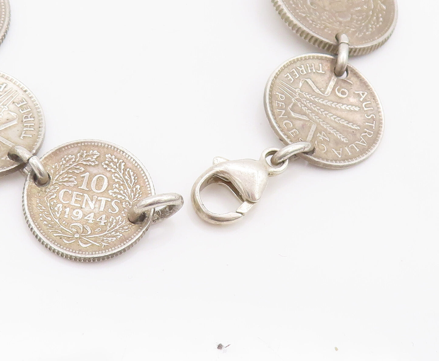 925 Sterling Silver Vintage Bracelet Solid Etched Australian Link Coins  BT10286