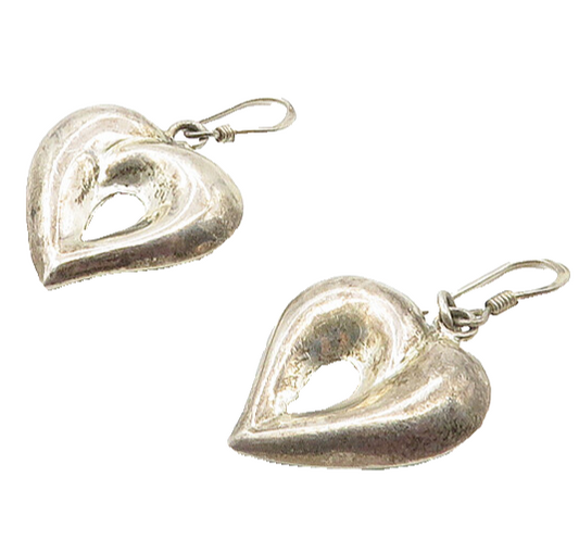 925 Sterling Silver  Vintage Smooth Open Love Heart Dangle Earrings  EG8843