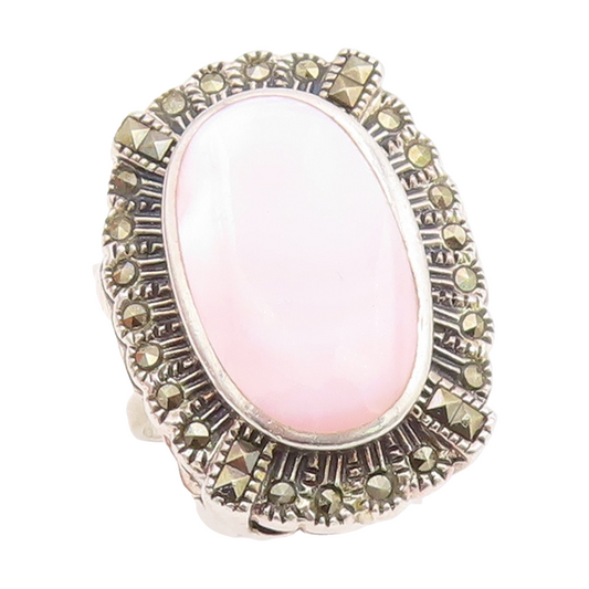 925 Sterling Silver Vintage Ring Mother Of Pearl & Marcasite Band Sz 7.5 RG35027