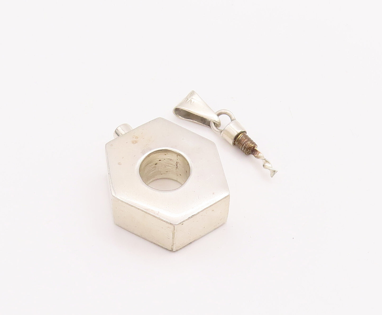 925 Sterling Silver Vintage Pendant MEXICO Cutout Bolt Bottle (OPENS)  PT23206