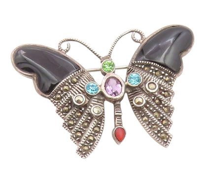 925 Sterling Silver Vintage Brooch Pin Multi Gemstone Classic Butterfly  BP12445