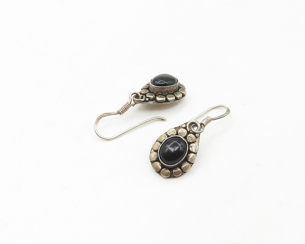 925 Sterling Silver  Vintage Cabochon Black Onyx Floral Dangle Earrings EG8879