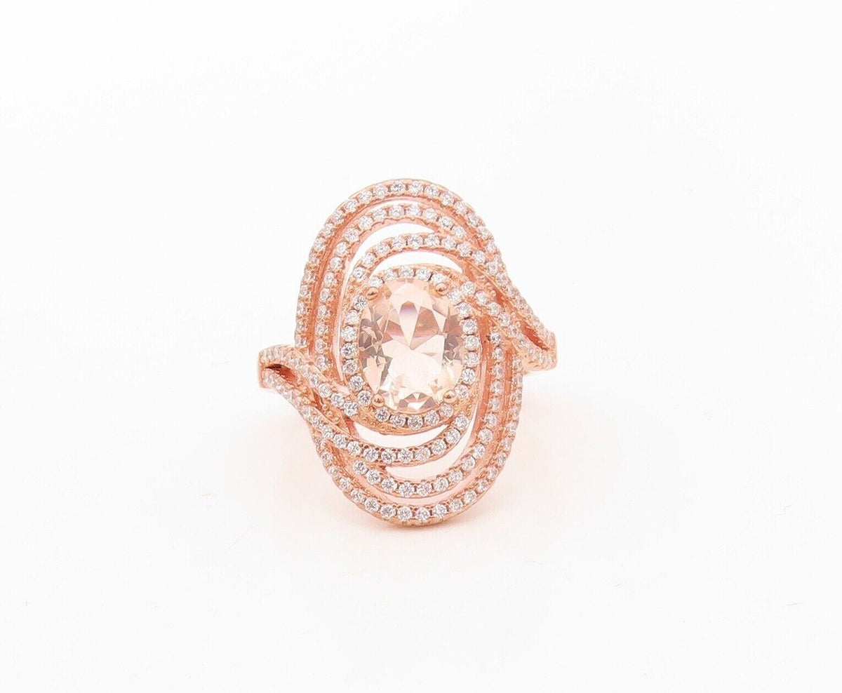 925 Sterling Silver Vintage Ring Rose Gold Plated Morganite & Topaz Sz 7 RG30251