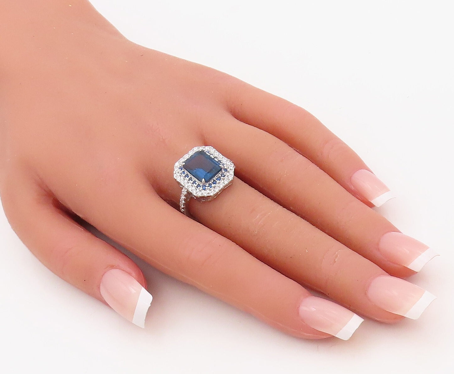 925 Sterling Silver Vintage Ring Designer Rectangle Sapphire & CZ  Sz 7  RG30665