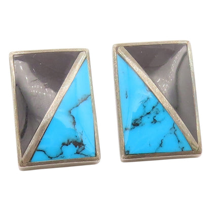 925 Sterling Silver Vintage Earrings MEXICO Turquoise & Onyx Inlay Stud  EG14154