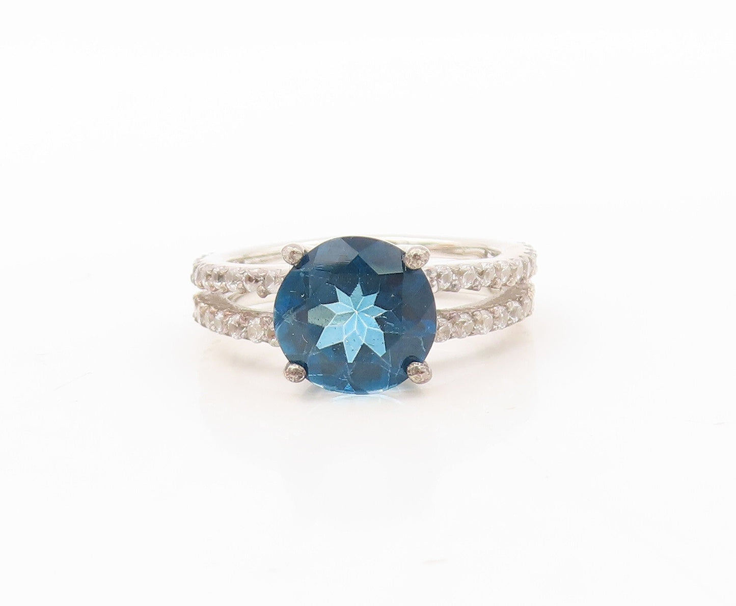 925 Sterling Silver Vintage Ring Round Cut Sapphire & CZ Inlay  Sz 7  RG30653