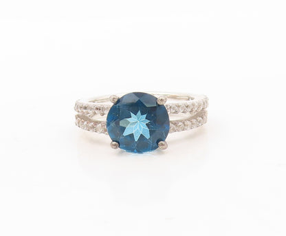 925 Sterling Silver Vintage Ring Round Cut Sapphire & CZ Inlay  Sz 7  RG30653