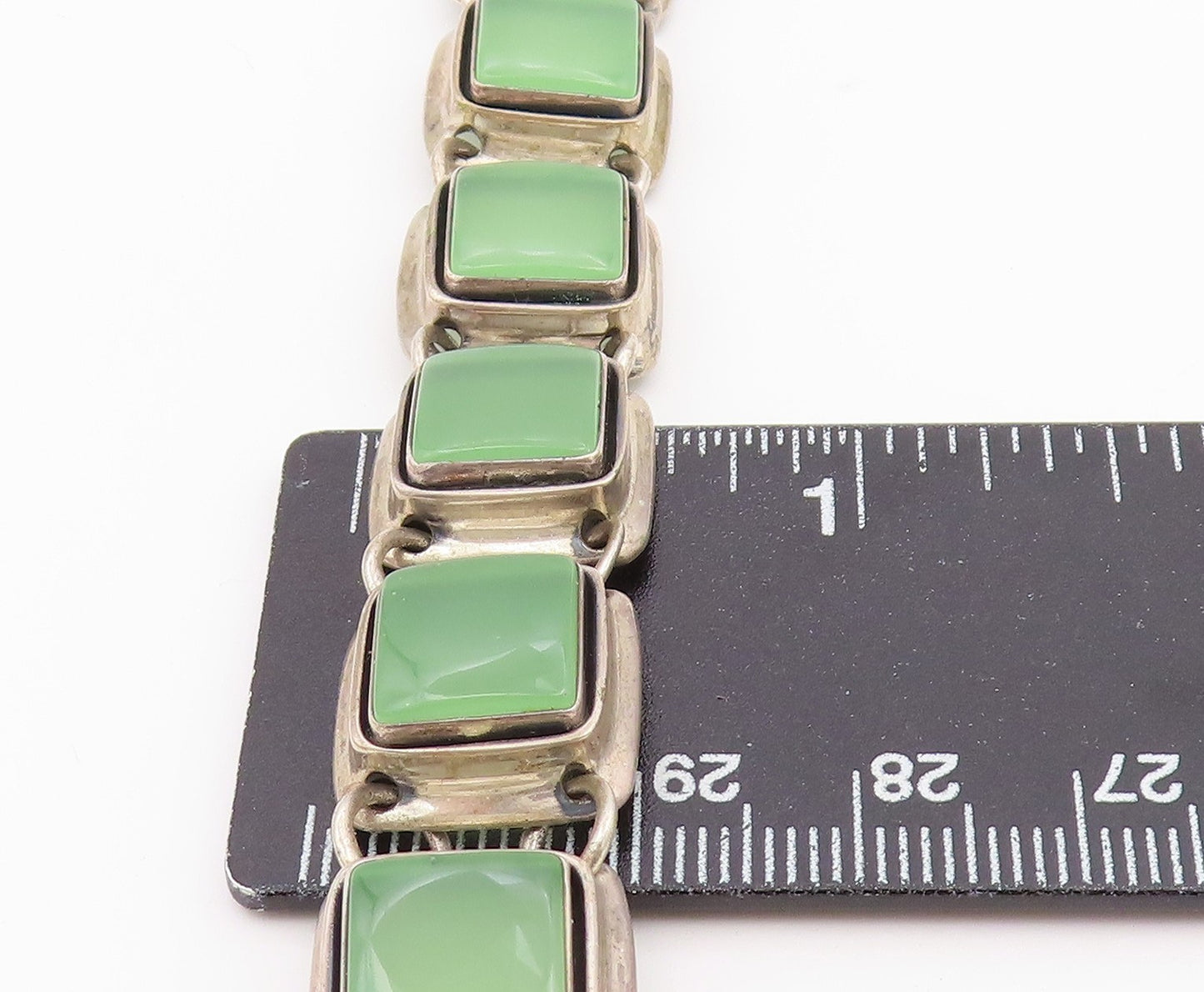 925 Sterling Silver Vintage Bracelet POLAND Jade Geometric Square Link  BT12175