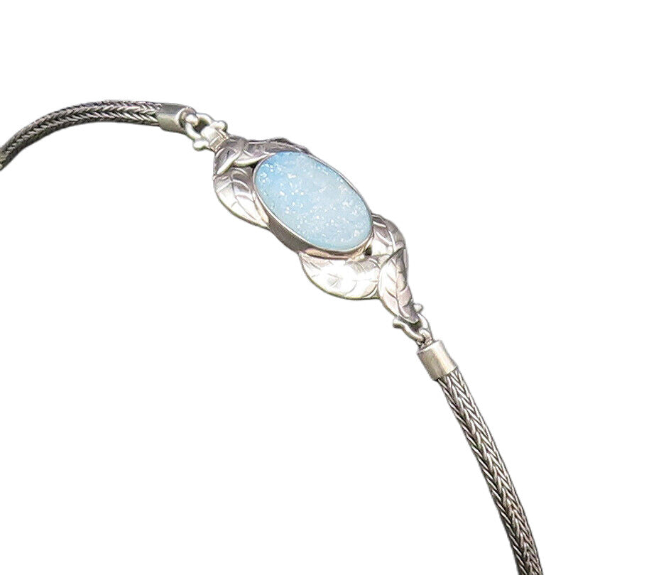 925 Silver  Vintage Blue Drusy Quartz & Etched Leaves Chain Bracelet  BT9674