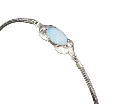 925 Silver  Vintage Blue Drusy Quartz & Etched Leaves Chain Bracelet  BT9674