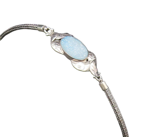 925 Silver  Vintage Blue Drusy Quartz & Etched Leaves Chain Bracelet  BT9674