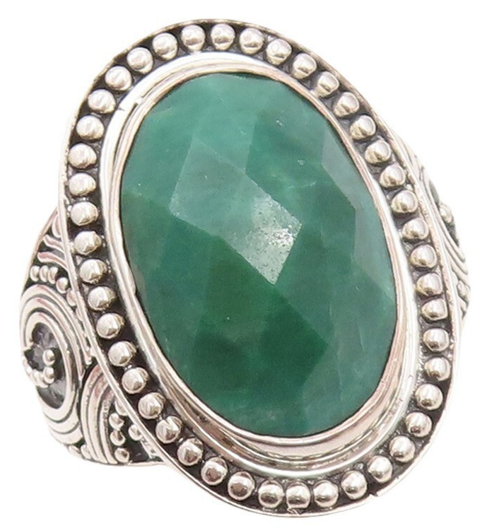 925 Sterling Silver Vintage Ring Oval Gemstone Beaded Design  Sz 9.5  RG30148