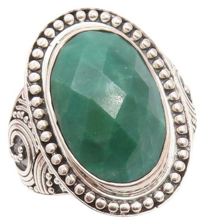 925 Sterling Silver Vintage Ring Oval Gemstone Beaded Design  Sz 9.5  RG30148
