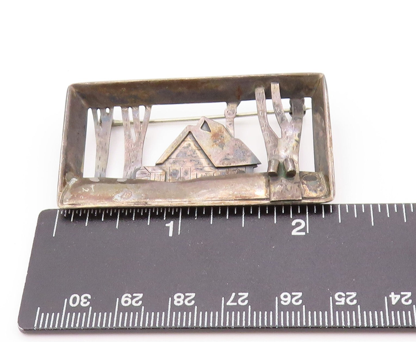 925 Sterling Silver Vintage Brooch Dark Tone House In Woods Cutout  BP11524