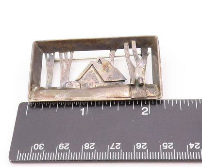 925 Sterling Silver Vintage Brooch Dark Tone House In Woods Cutout  BP11524