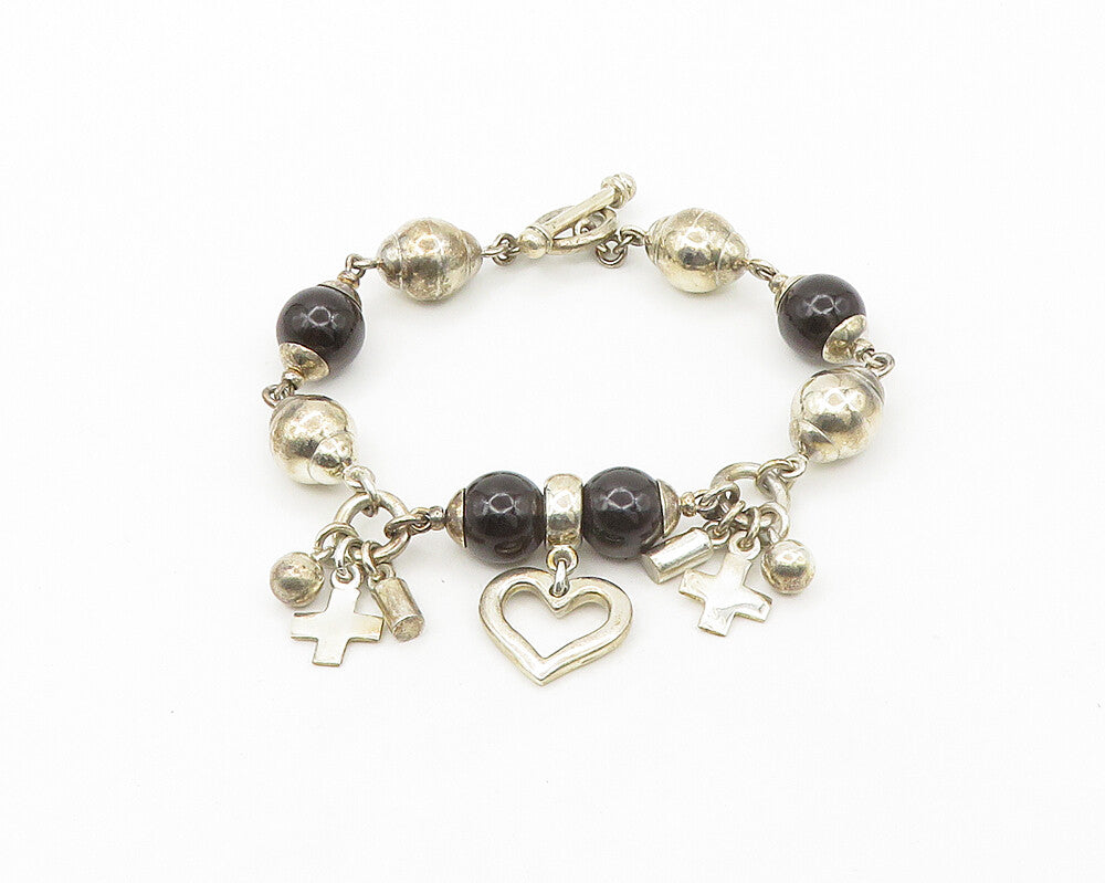 925 Sterling Silver  Vintage Smoky Topaz Religious Cross Chain Bracelet BT6914