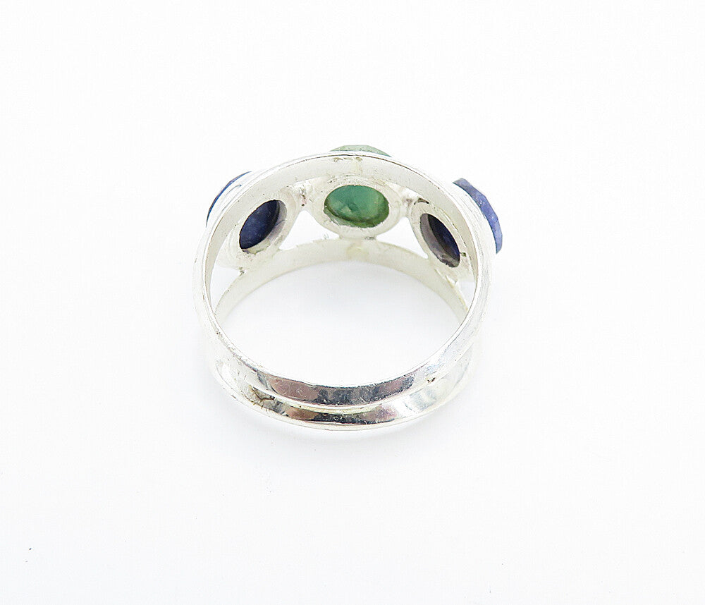 925 Sterling Silver  Emerald & Sapphire Split Shank Band Ring Sz 7  RG7914