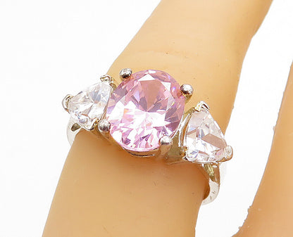 925 Sterling Silver  Pink & White Cubic Zirconia Shiny Band Ring Sz 6.5 RG5276