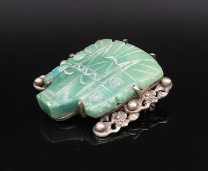 925 Sterling Silver Vintage Jade & Beaded Aztec Warrior Head Brooch Pin BP10009