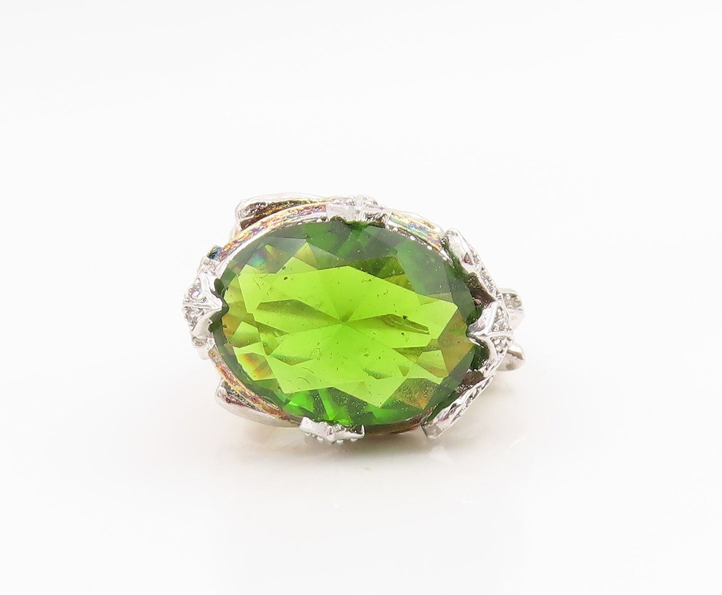 925 Sterling Silver Vintage Ring Peridot Two Tone Statement Band  Sz 6  RG35358
