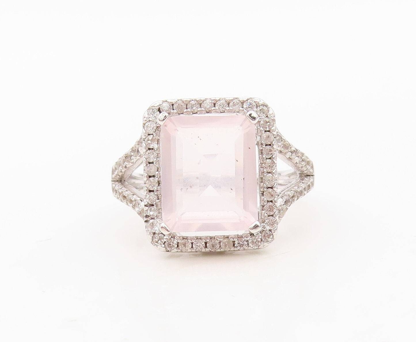 925 Sterling Silver Vintage Ring Rectangle Cut Pink Gemstone & CZ  Sz 7 RG30518