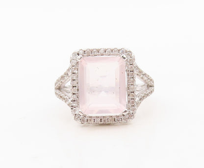925 Sterling Silver Vintage Ring Rectangle Cut Pink Gemstone & CZ  Sz 7 RG30518