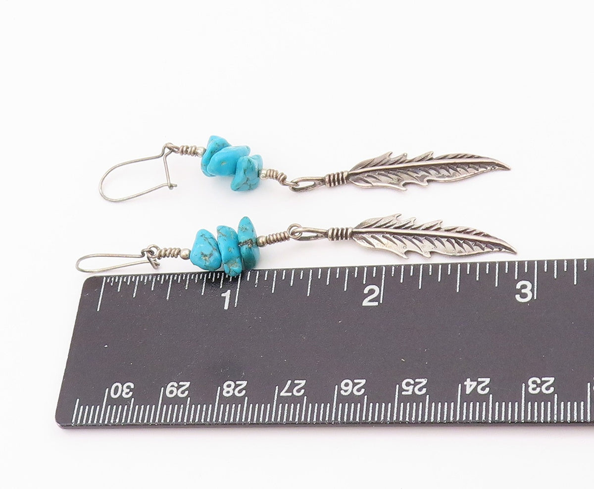 925 Sterling Silver Vintage Earrings NAVAJO Turquoise Carved Feather  EG13487
