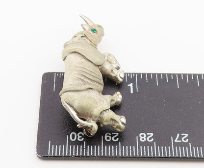 925 Sterling Silver Vintage Brooch Pin Emerald Eye Rhinoceros Figure  BP12638