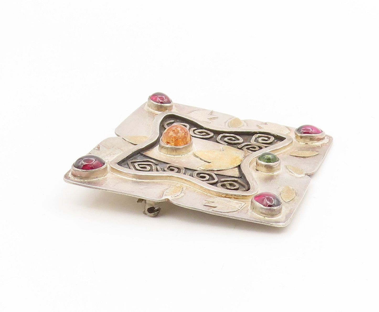 22k Gold & 925 Sterling Silver Vintage Brooch Modernist Multi Gemstone  BP12217