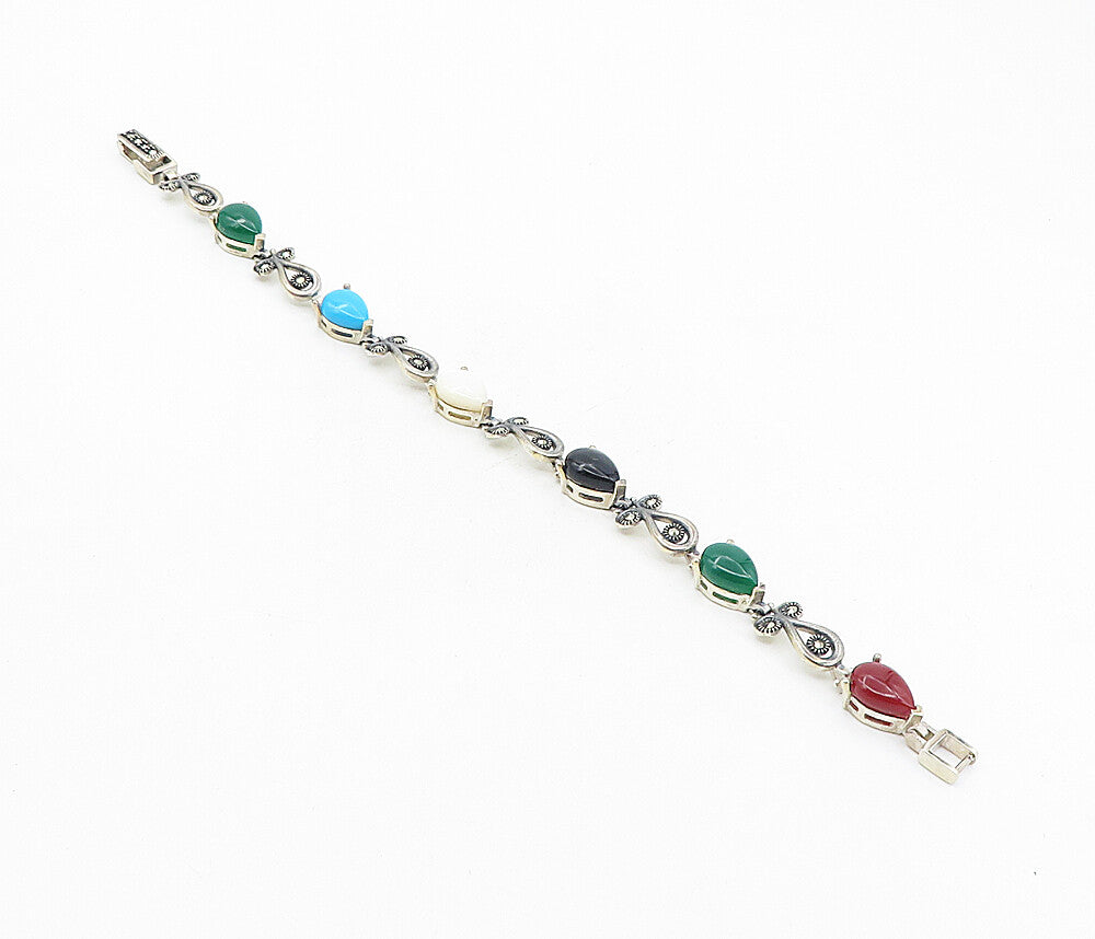 925 Silver  Vintage Mother Of Pearl Carnelian & Onyx Chain Bracelet  BT3809