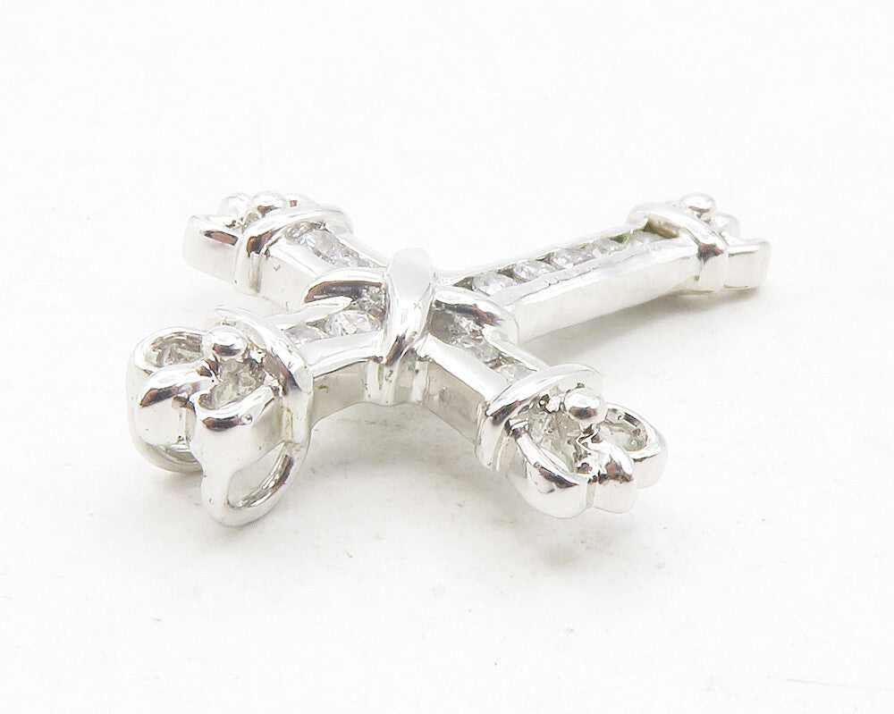 925 Sterling Silver  Shiny White Topaz Crowned Religious Cross Pendant  PT9678
