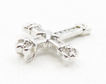 925 Sterling Silver  Shiny White Topaz Crowned Religious Cross Pendant  PT9678