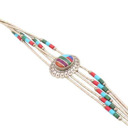 925 Sterling Silver Vintage Bracelet SOUTHWESTERN Multi Gemstone Inlay BT11526