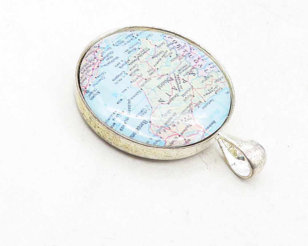 925 Sterling Silver  Vintage Round Map Of Spain Smooth Drop Pendant  PT7882