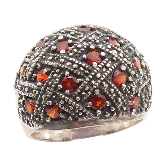 925 Sterling Silver Vintage Ring SETA Garnet & Marcasite Dome  Sz 8.5  RG34585