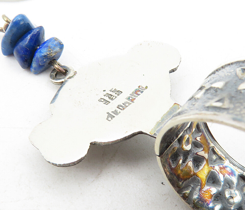 925 Sterling Silver Vintage Lapis Lazuli Traditional Face Dangle Earrings EG4647