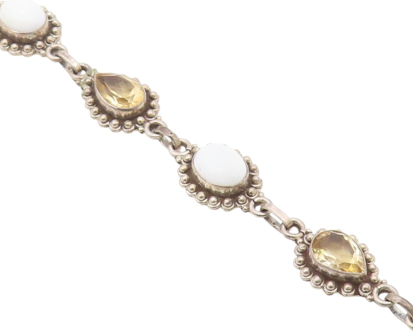 925 Sterling Silver  Vintage Citrine & White Agate Chain Bracelet  BT3606