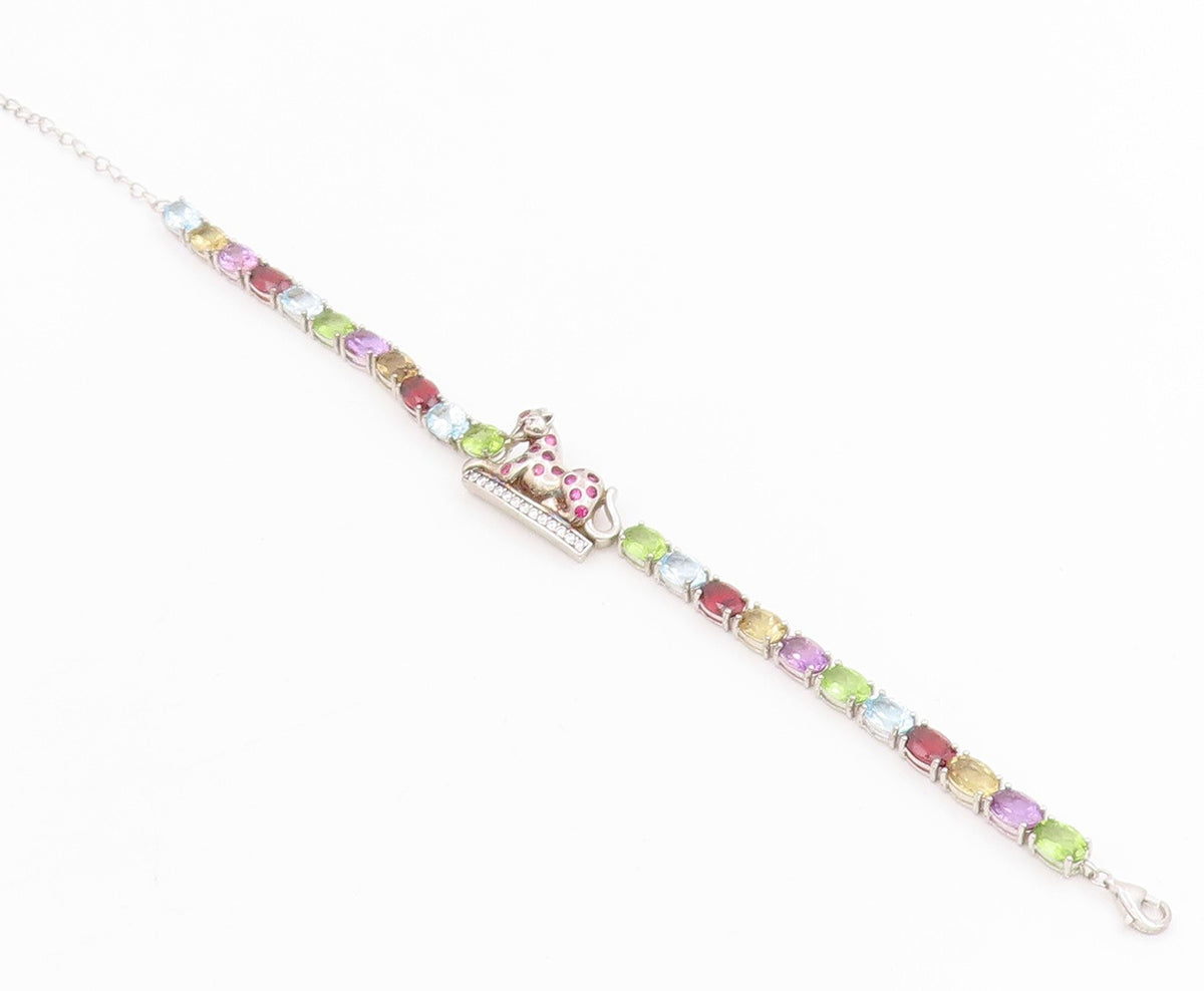 925 Sterling Silver Vintage Bracelet Multi Gemstone & CZ Wild Leopard  BT11550