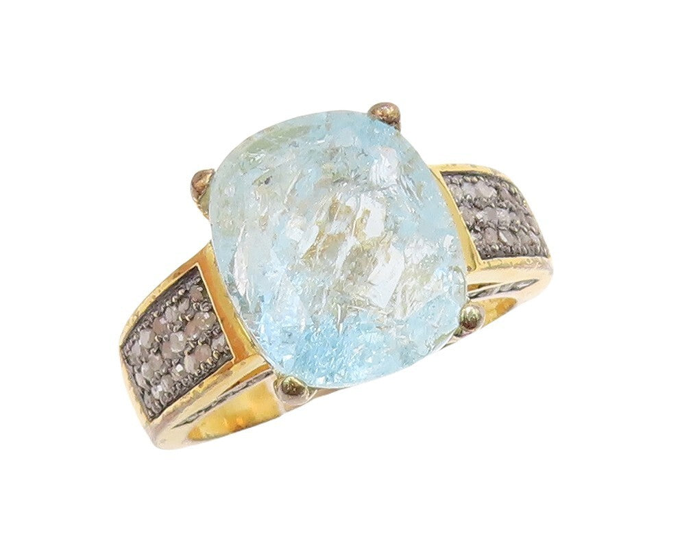 925 Sterling Silver Vintage Ring Gold Plated Diamonds Blue Topaz Sz 8.5 RG30957