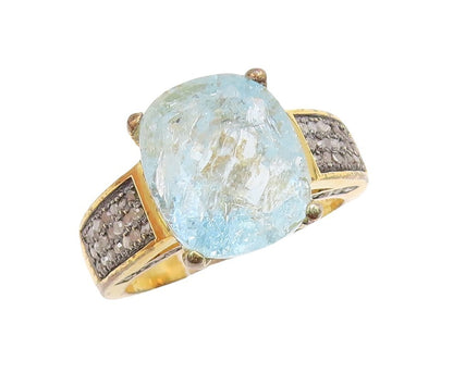 925 Sterling Silver Vintage Ring Gold Plated Diamonds Blue Topaz Sz 8.5 RG30957