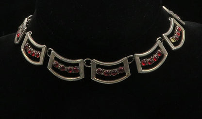 MEXICO 925 Silver  Vintage Cabochon Red Topaz Dark Tone Chain Necklace  NE2605