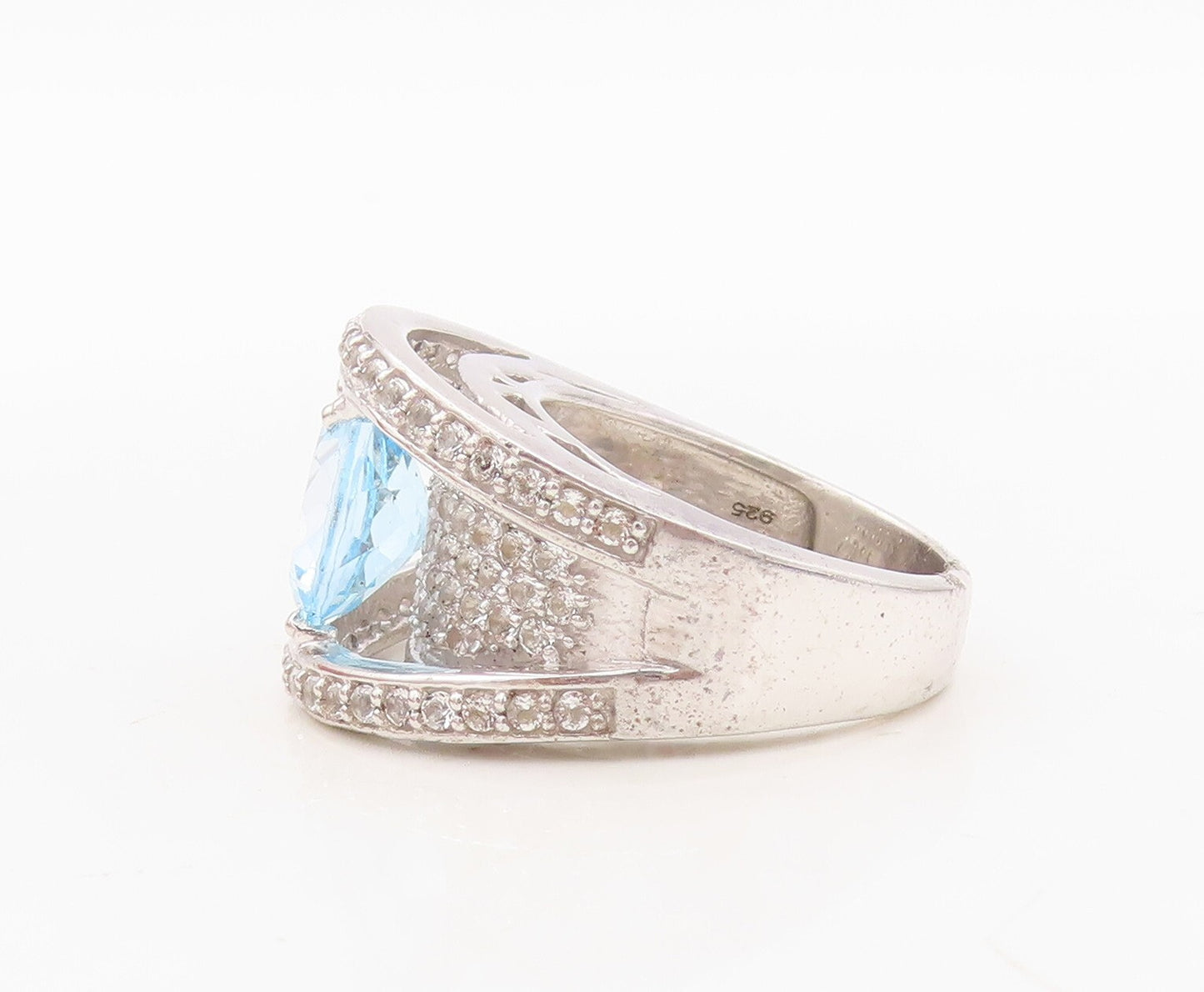 925 Sterling Silver Vintage Ring Designer Cutout Blue & White CZ Sz 7.5  RG30439