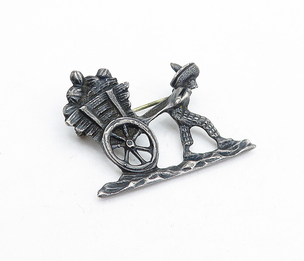 925 Sterling Silver  Vintage Oxidized Man & Wheel Barrow Brooch Pin  BP1487