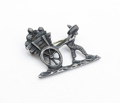 925 Sterling Silver  Vintage Oxidized Man & Wheel Barrow Brooch Pin  BP1487