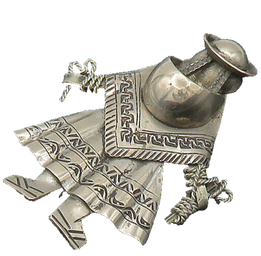 925 Sterling Silver  Vintage Shiny Etched Person In Poncho Brooch Pin  BP8671