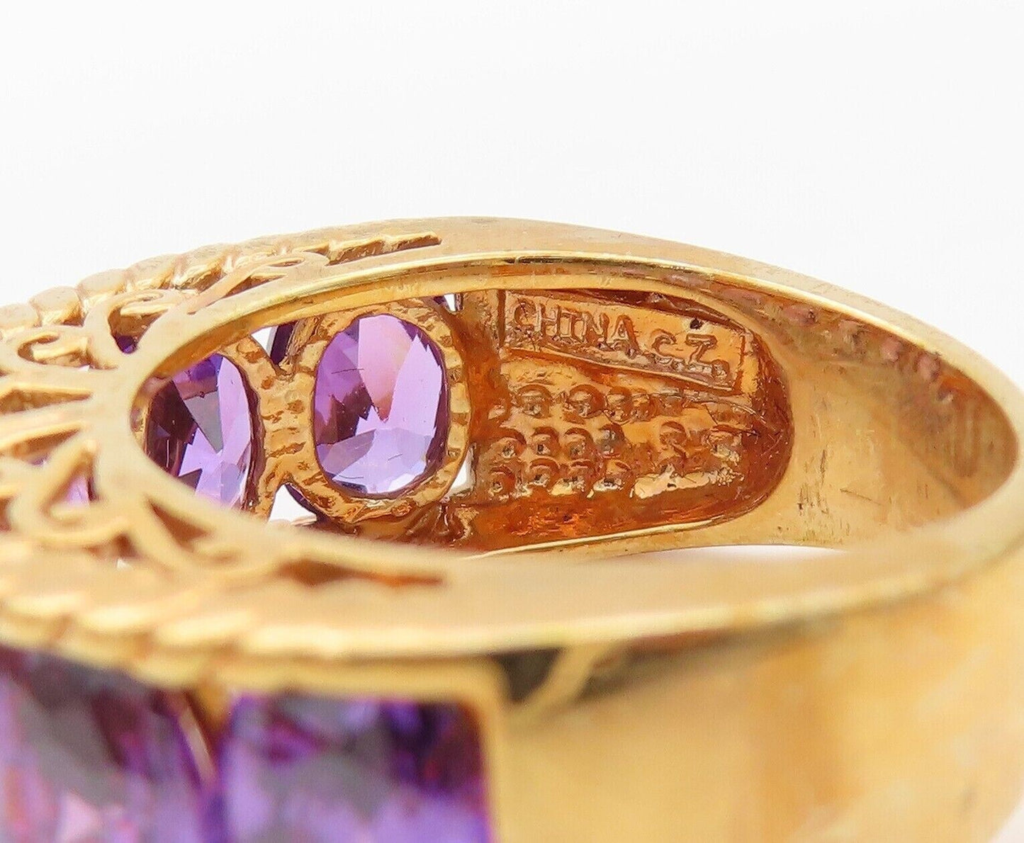 925 Sterling Silver Vintage Ring Gold Plated Carved Amethyst Band  Sz 7  RG30071