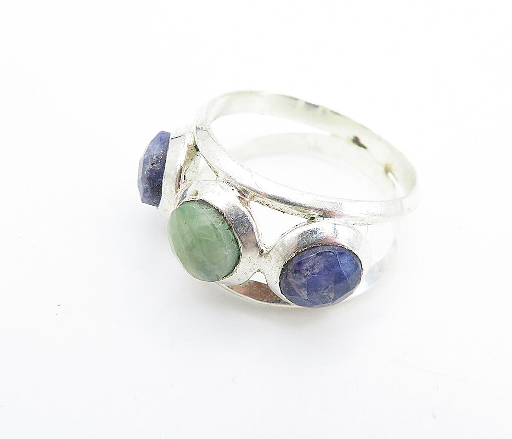 925 Sterling Silver  Emerald & Sapphire Split Shank Band Ring Sz 7  RG7914