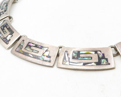 MEXICO 925 Sterling Silver  Vintage Abalone Greek Key Chain Necklace  NE1969