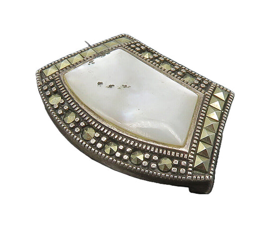 925 Sterling Silver  Vintage Mother Of Pearl & Marcasite Slide Pendant PT12466